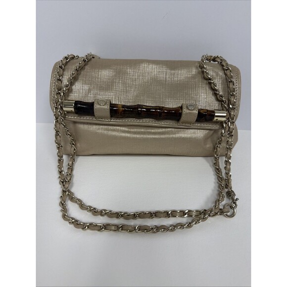 Elaine Turner Bamboo Detail Purse Clutch Boho Gold Beige Adjustable Chain Strap - Picture 1 of 16